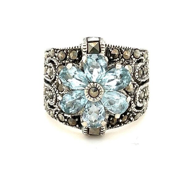 Silver 925 Blue Topaz/Marcasite Flower Ring - Picture 1 of 8